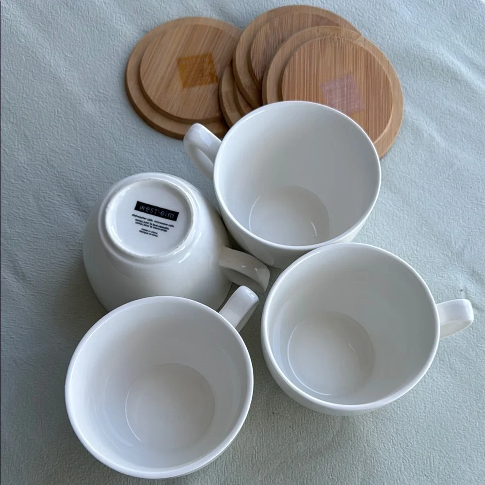 White Ceramic Cups with Bamboo Coasters Set